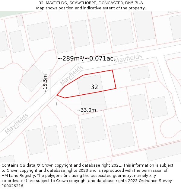 32, MAYFIELDS, SCAWTHORPE, DONCASTER, DN5 7UA: Plot and title map