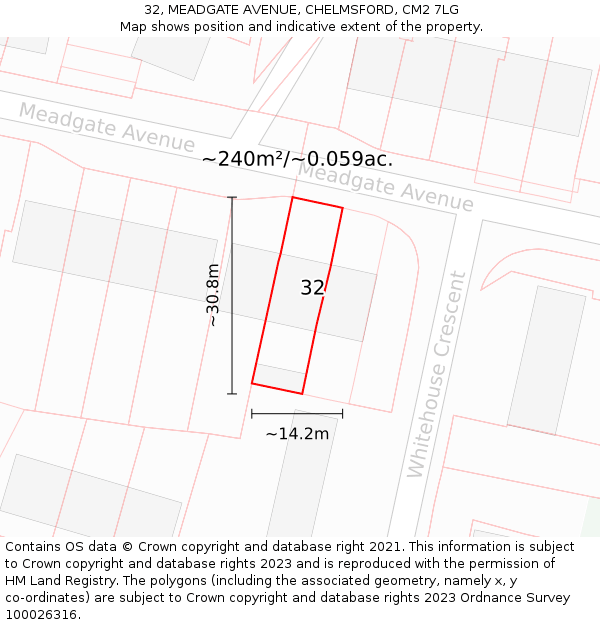 32, MEADGATE AVENUE, CHELMSFORD, CM2 7LG: Plot and title map