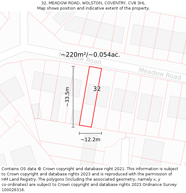 32, MEADOW ROAD, WOLSTON, COVENTRY, CV8 3HL: Plot and title map