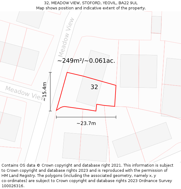 32, MEADOW VIEW, STOFORD, YEOVIL, BA22 9UL: Plot and title map