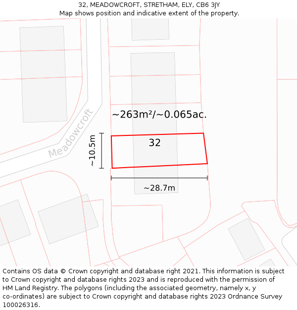32, MEADOWCROFT, STRETHAM, ELY, CB6 3JY: Plot and title map