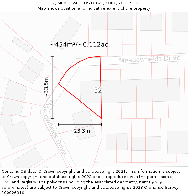 32, MEADOWFIELDS DRIVE, YORK, YO31 9HN: Plot and title map
