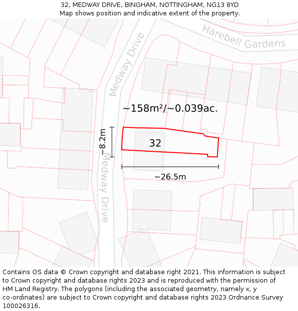 32, MEDWAY DRIVE, BINGHAM, NOTTINGHAM, NG13 8YD: Plot and title map