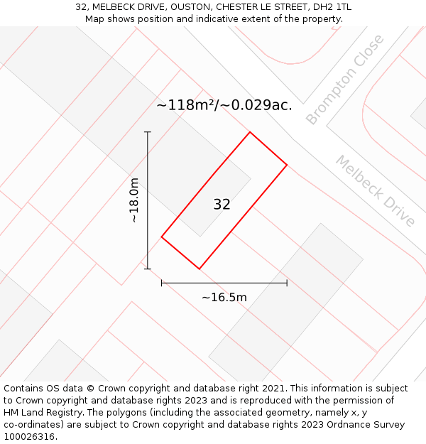 32, MELBECK DRIVE, OUSTON, CHESTER LE STREET, DH2 1TL: Plot and title map
