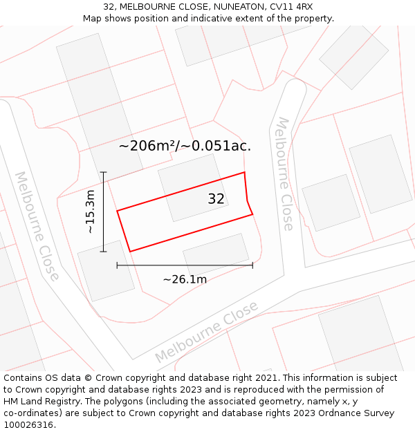 32, MELBOURNE CLOSE, NUNEATON, CV11 4RX: Plot and title map