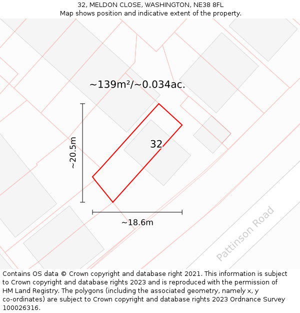 32, MELDON CLOSE, WASHINGTON, NE38 8FL: Plot and title map