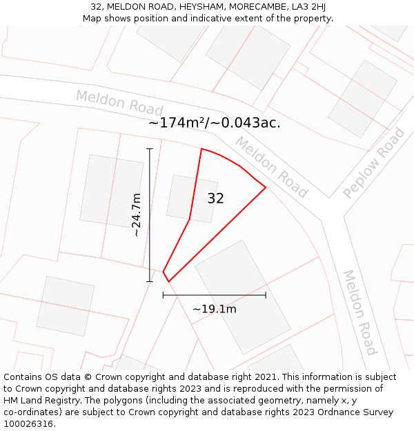 32, MELDON ROAD, HEYSHAM, MORECAMBE, LA3 2HJ: Plot and title map