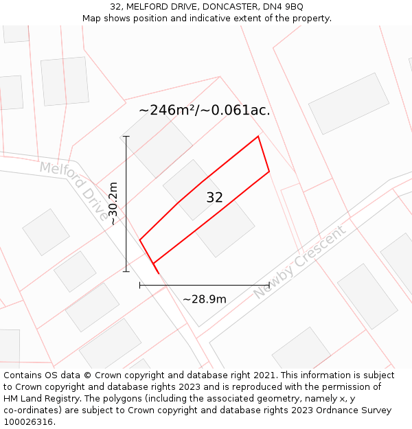 32, MELFORD DRIVE, DONCASTER, DN4 9BQ: Plot and title map