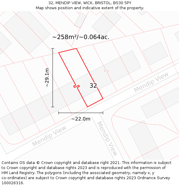 32, MENDIP VIEW, WICK, BRISTOL, BS30 5PY: Plot and title map