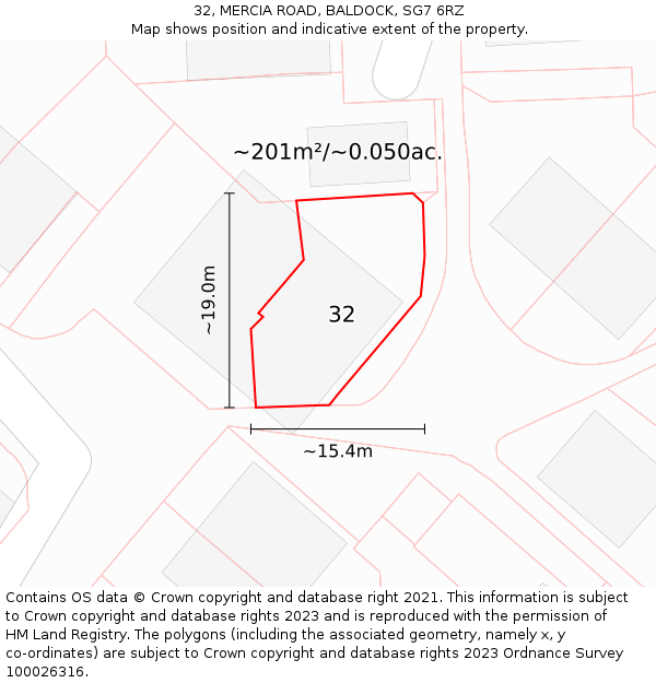 32, MERCIA ROAD, BALDOCK, SG7 6RZ: Plot and title map