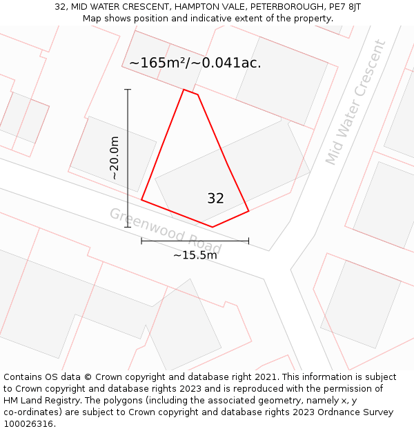 32, MID WATER CRESCENT, HAMPTON VALE, PETERBOROUGH, PE7 8JT: Plot and title map