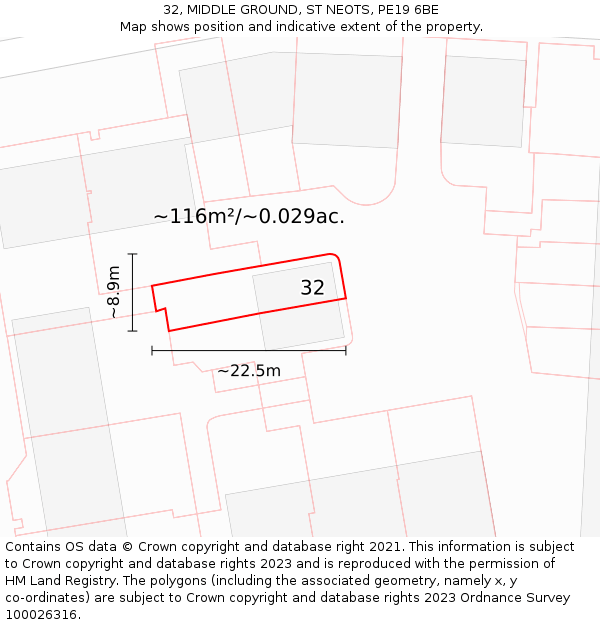 32, MIDDLE GROUND, ST NEOTS, PE19 6BE: Plot and title map