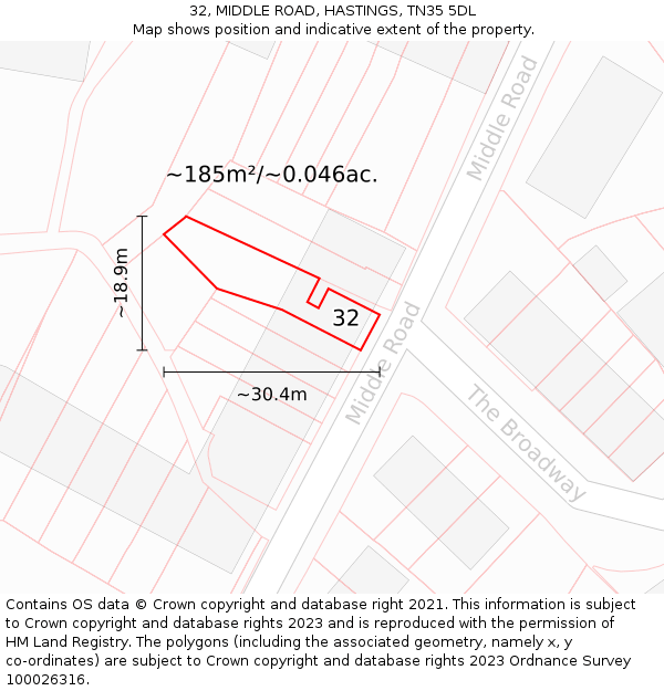 32, MIDDLE ROAD, HASTINGS, TN35 5DL: Plot and title map