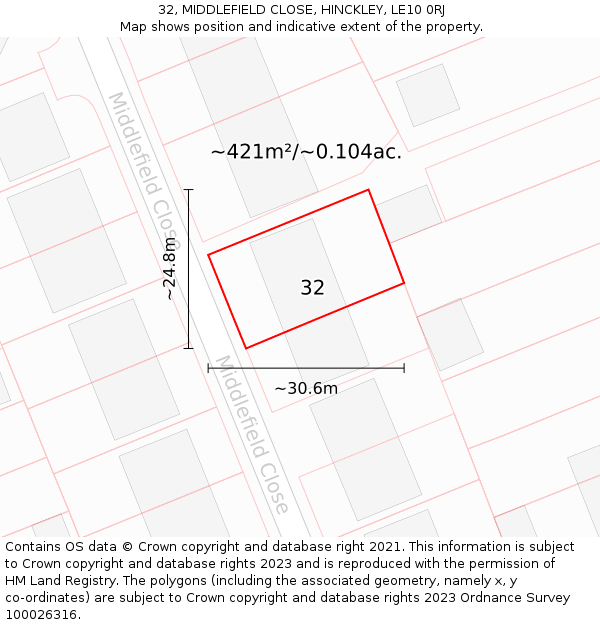 32, MIDDLEFIELD CLOSE, HINCKLEY, LE10 0RJ: Plot and title map