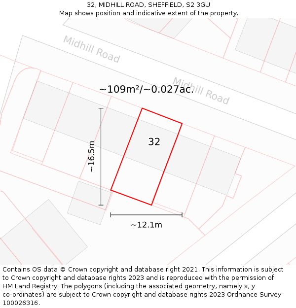 32, MIDHILL ROAD, SHEFFIELD, S2 3GU: Plot and title map