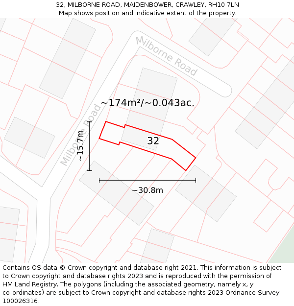 32, MILBORNE ROAD, MAIDENBOWER, CRAWLEY, RH10 7LN: Plot and title map