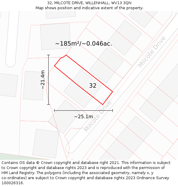 32, MILCOTE DRIVE, WILLENHALL, WV13 3QN: Plot and title map