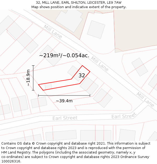32, MILL LANE, EARL SHILTON, LEICESTER, LE9 7AW: Plot and title map