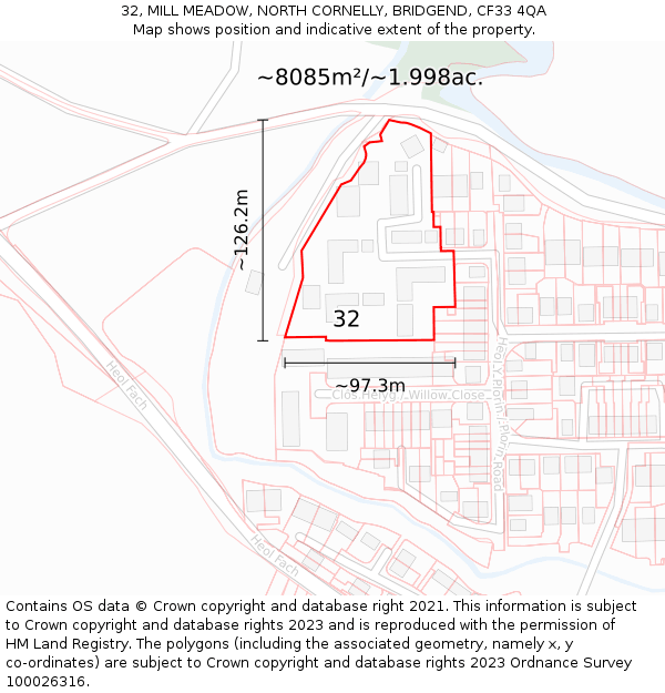 32, MILL MEADOW, NORTH CORNELLY, BRIDGEND, CF33 4QA: Plot and title map