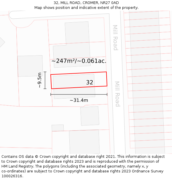 32, MILL ROAD, CROMER, NR27 0AD: Plot and title map