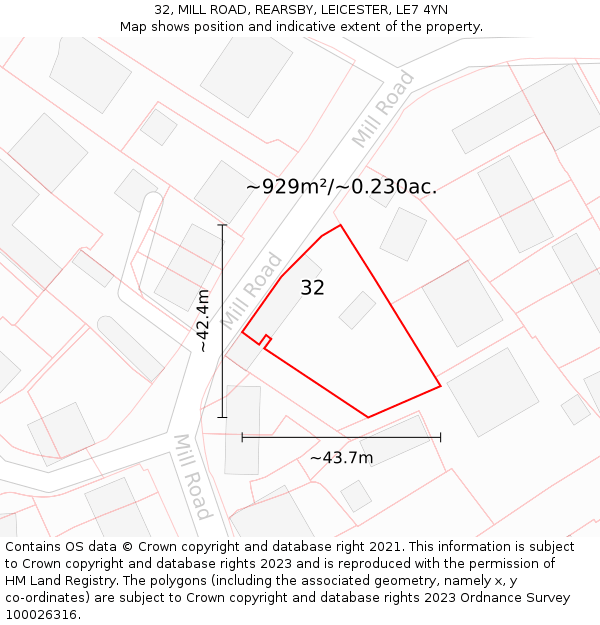 32, MILL ROAD, REARSBY, LEICESTER, LE7 4YN: Plot and title map