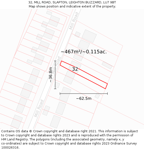 32, MILL ROAD, SLAPTON, LEIGHTON BUZZARD, LU7 9BT: Plot and title map