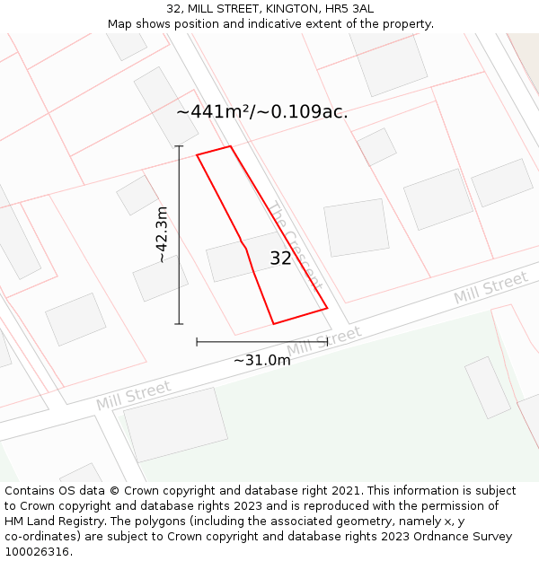 32, MILL STREET, KINGTON, HR5 3AL: Plot and title map