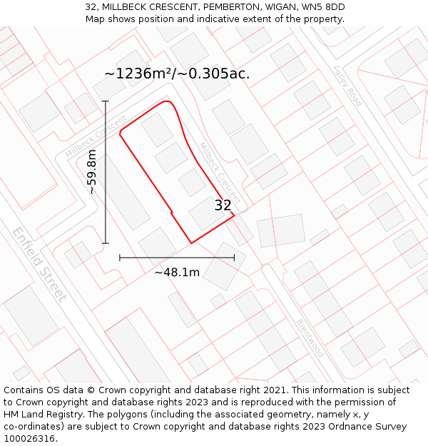 32, MILLBECK CRESCENT, PEMBERTON, WIGAN, WN5 8DD: Plot and title map