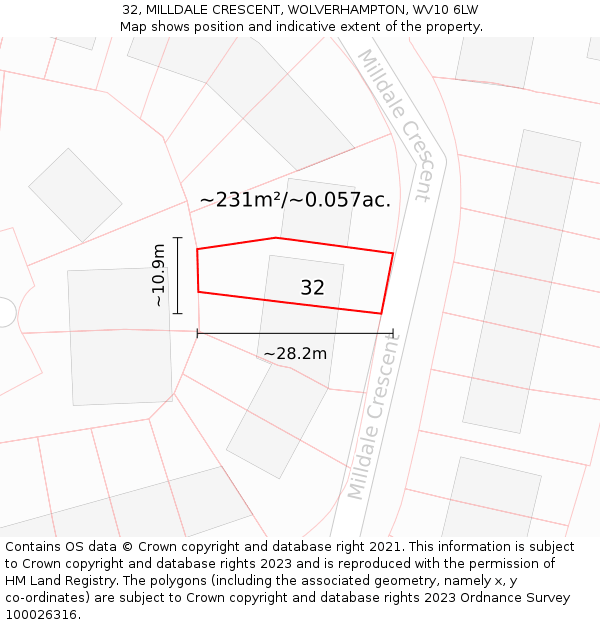 32, MILLDALE CRESCENT, WOLVERHAMPTON, WV10 6LW: Plot and title map
