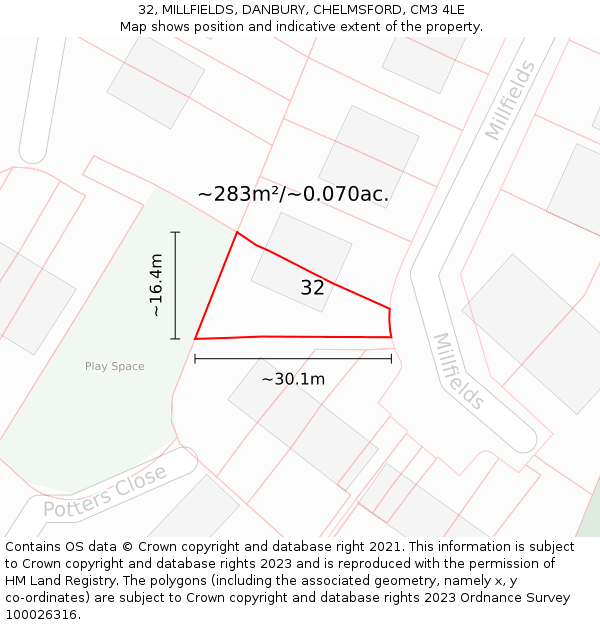 32, MILLFIELDS, DANBURY, CHELMSFORD, CM3 4LE: Plot and title map