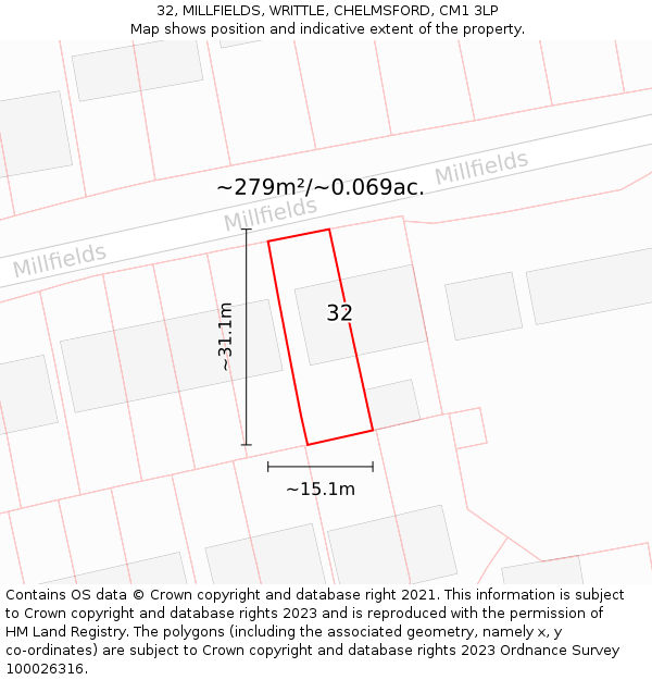 32, MILLFIELDS, WRITTLE, CHELMSFORD, CM1 3LP: Plot and title map