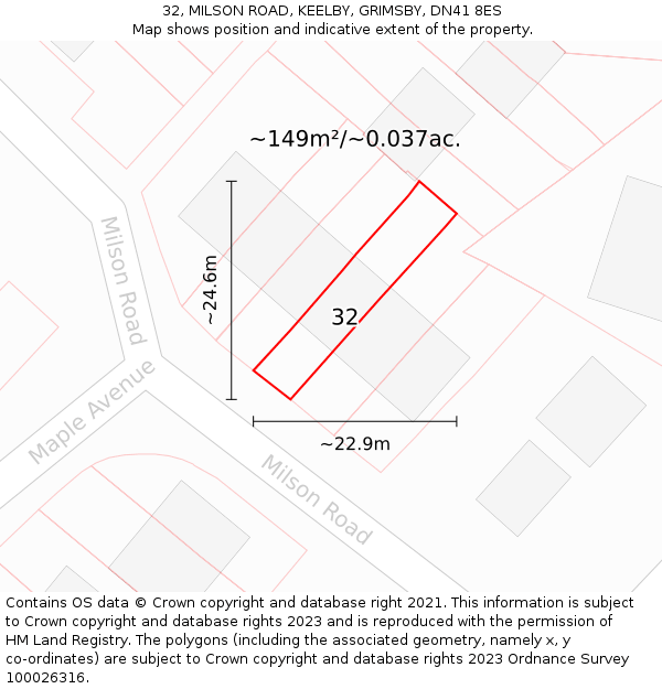 32, MILSON ROAD, KEELBY, GRIMSBY, DN41 8ES: Plot and title map