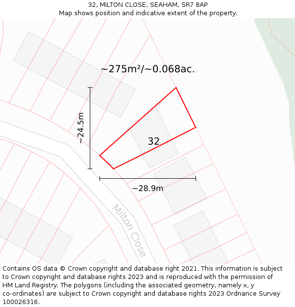 32, MILTON CLOSE, SEAHAM, SR7 8AP: Plot and title map