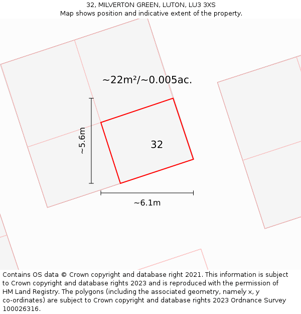 32, MILVERTON GREEN, LUTON, LU3 3XS: Plot and title map