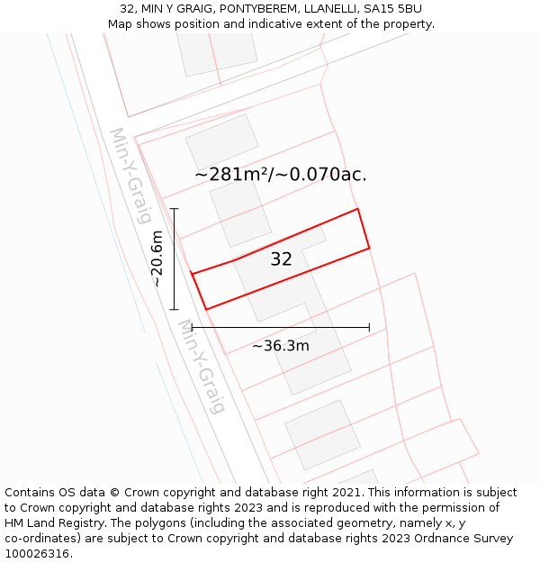 32, MIN Y GRAIG, PONTYBEREM, LLANELLI, SA15 5BU: Plot and title map