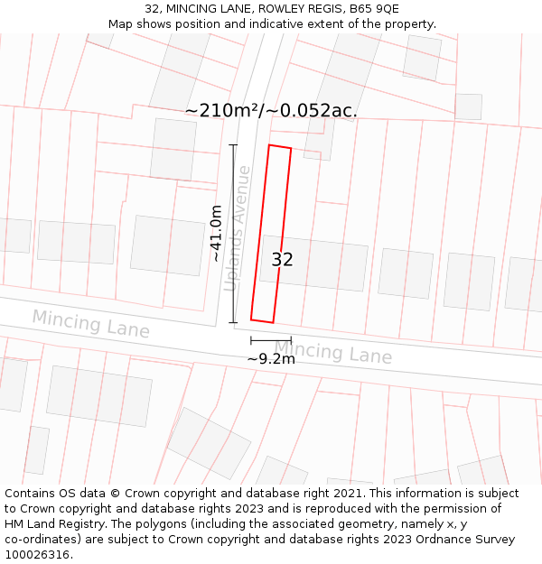 32, MINCING LANE, ROWLEY REGIS, B65 9QE: Plot and title map