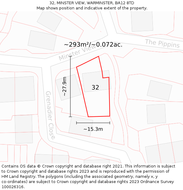 32, MINSTER VIEW, WARMINSTER, BA12 8TD: Plot and title map