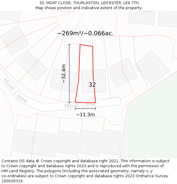 32, MOAT CLOSE, THURLASTON, LEICESTER, LE9 7TN: Plot and title map