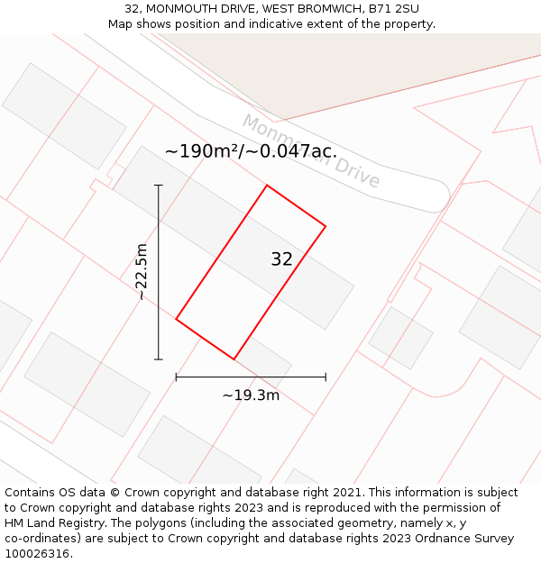 32, MONMOUTH DRIVE, WEST BROMWICH, B71 2SU: Plot and title map