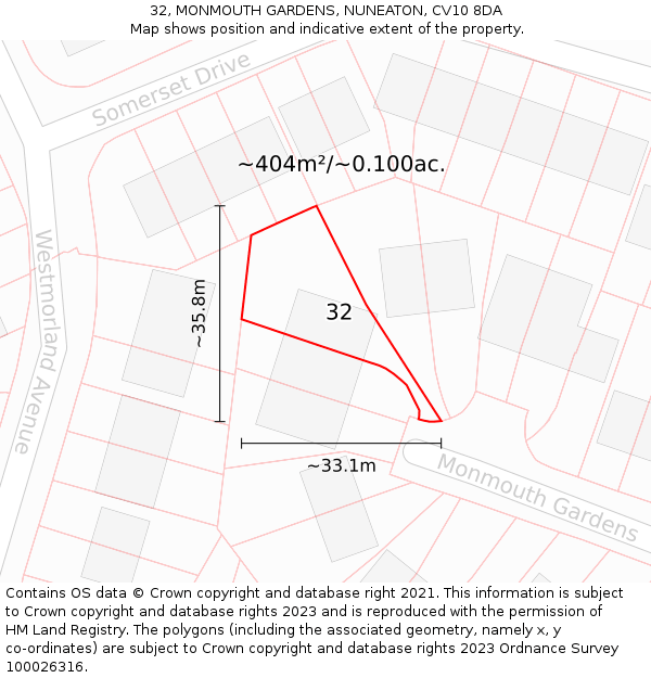 32, MONMOUTH GARDENS, NUNEATON, CV10 8DA: Plot and title map