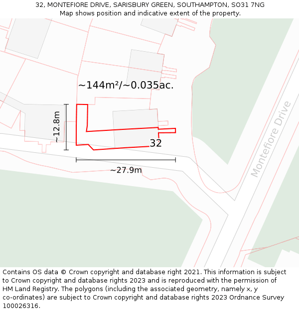 32, MONTEFIORE DRIVE, SARISBURY GREEN, SOUTHAMPTON, SO31 7NG: Plot and title map