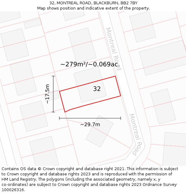 32, MONTREAL ROAD, BLACKBURN, BB2 7BY: Plot and title map