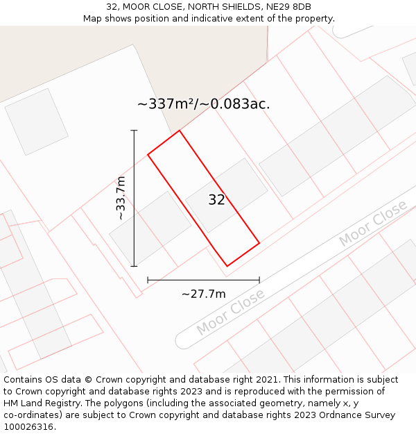 32, MOOR CLOSE, NORTH SHIELDS, NE29 8DB: Plot and title map