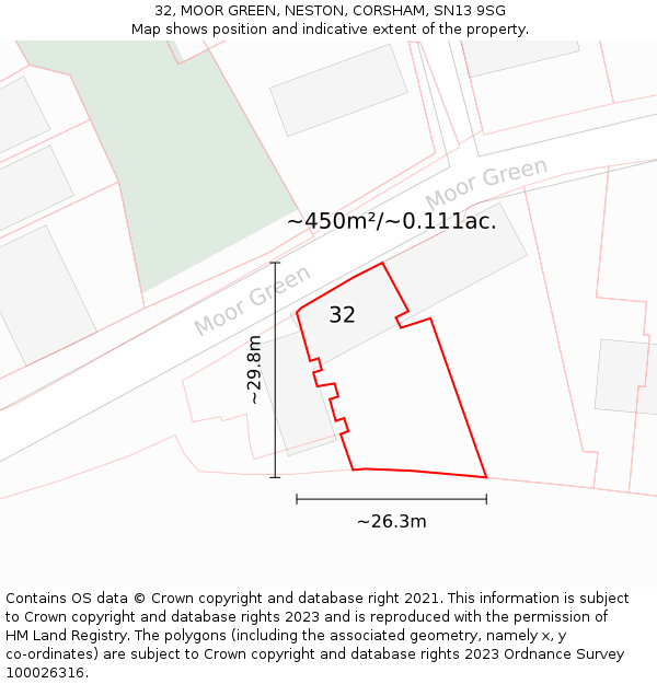 32, MOOR GREEN, NESTON, CORSHAM, SN13 9SG: Plot and title map