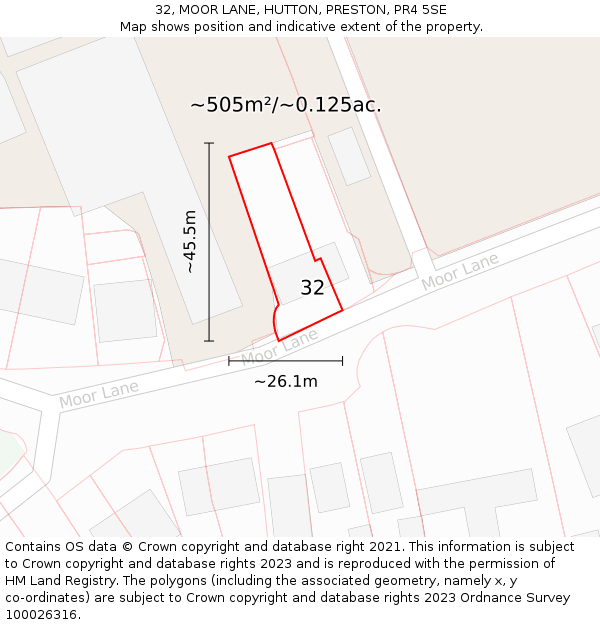 32, MOOR LANE, HUTTON, PRESTON, PR4 5SE: Plot and title map