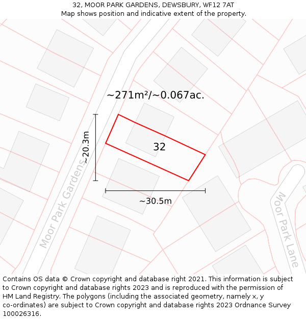 32, MOOR PARK GARDENS, DEWSBURY, WF12 7AT: Plot and title map
