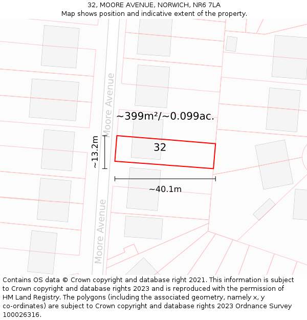 32, MOORE AVENUE, NORWICH, NR6 7LA: Plot and title map
