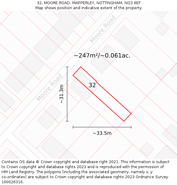 32, MOORE ROAD, MAPPERLEY, NOTTINGHAM, NG3 6EF: Plot and title map