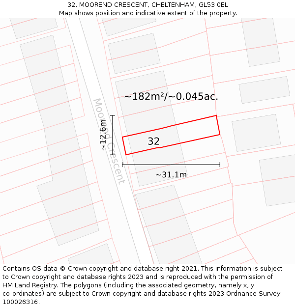32, MOOREND CRESCENT, CHELTENHAM, GL53 0EL: Plot and title map