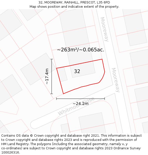 32, MOOREWAY, RAINHILL, PRESCOT, L35 6PD: Plot and title map